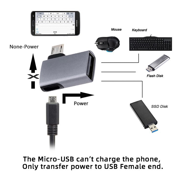 U2-009-RI For Phone Tablet Right Angled 90 Degree Micro USB 2.0 to Type-A Female OTG Adapter with USB Power