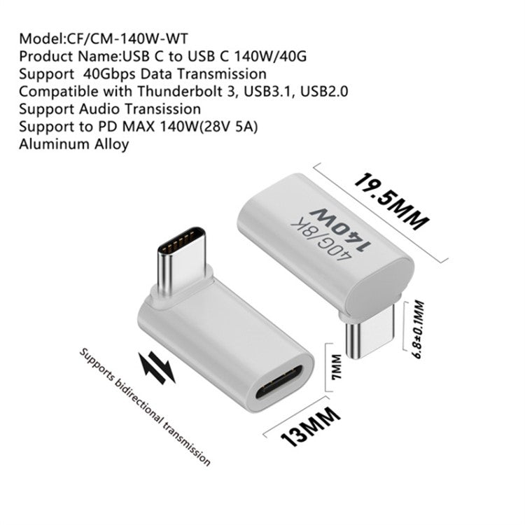 Up Angle USB 3.1 Type-C Male to Female 140W Charging 40Gbps Data Adapter