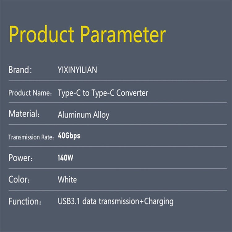 USB 3.1 USB-C Male to Type-C Male Adapter 40Gpbs Data Transfer 140W Charging