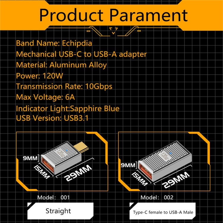 120W 10Gbps Mini Converter USB-A 3.1 Female to Type-C Male Straight OTG Adapter - Dark Grey