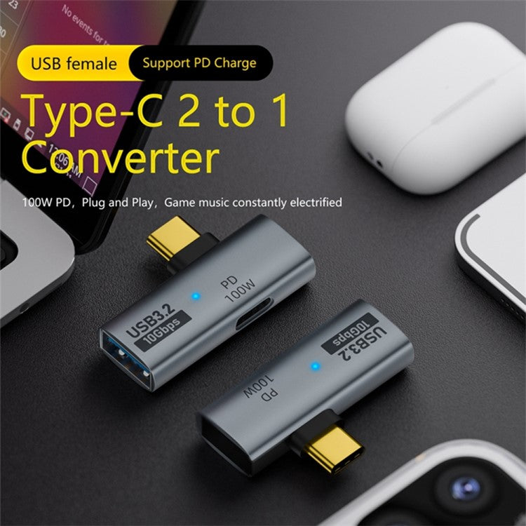 USB 3.2 Adapter Type-C to USB-A  /  USB-C Adapter 10Gbps OTG USB-C 2 to 1 Converter with PD 100W Charge - Black