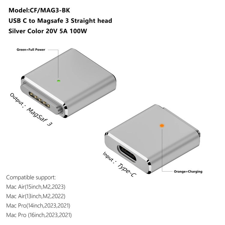 Compatible with MagSafe 3 USB-C Female to Magnetic PD 100W Charging Adapter for MacBook - Silver