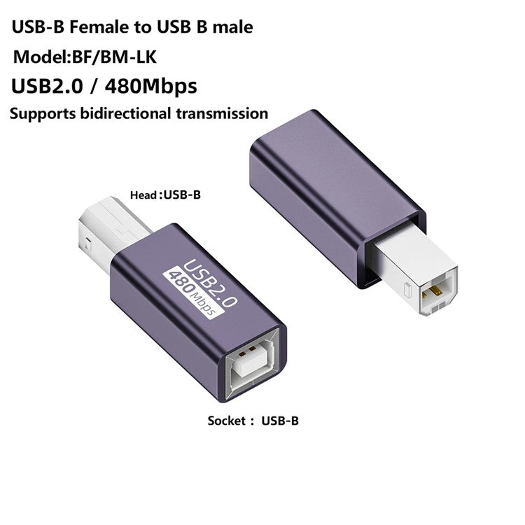 USB-B Female to USB-B Male Converter Adapter, 480Mbps Data Connector Plug for Electric Piano / Printer