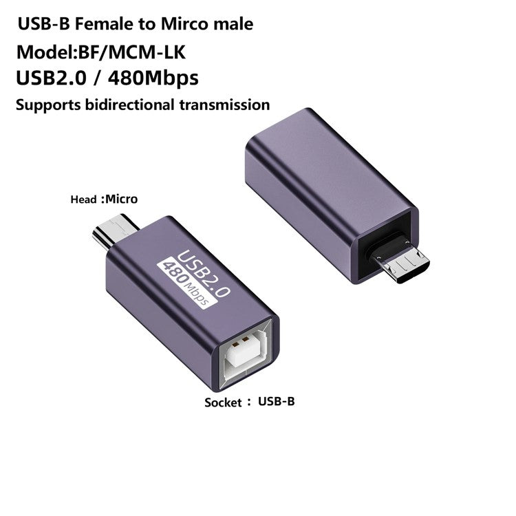 USB-B Female to Micro USB Male 480Mbps Adapter Electric Piano Printer Connector