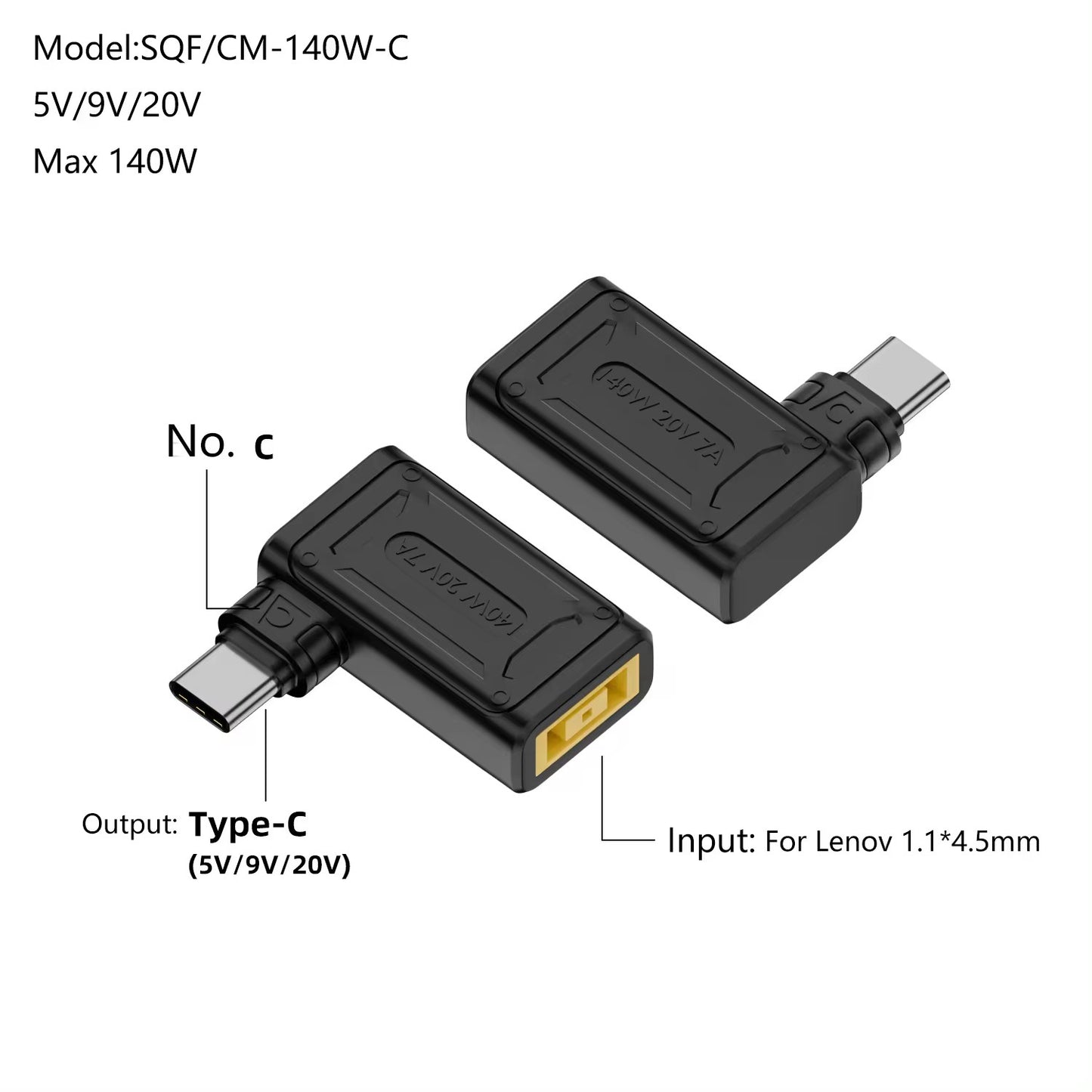 For Lenovo 1.1x4.5mm Female to Type-C Male 140W Power Adapter Charging Converter