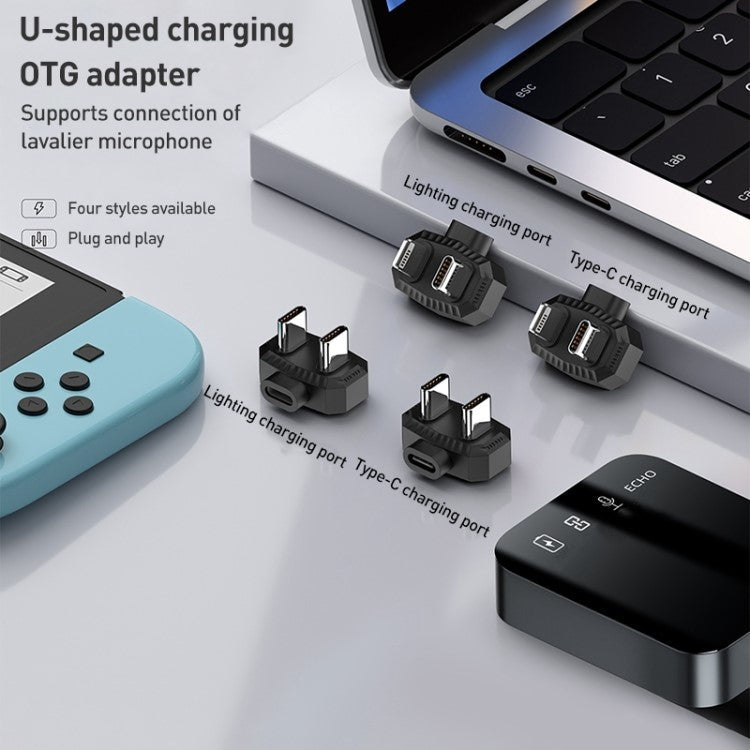 8-Pin to Dual Type-C Lavalier Microphone U-shaped Charging Adapter OTG Converter