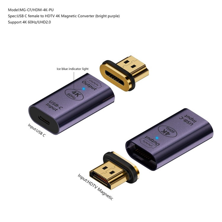 Type-C Female to HDMI 2.0 Male Magnetic Adapter 4K 60HZ HD Video Output Converter - Dark Purple