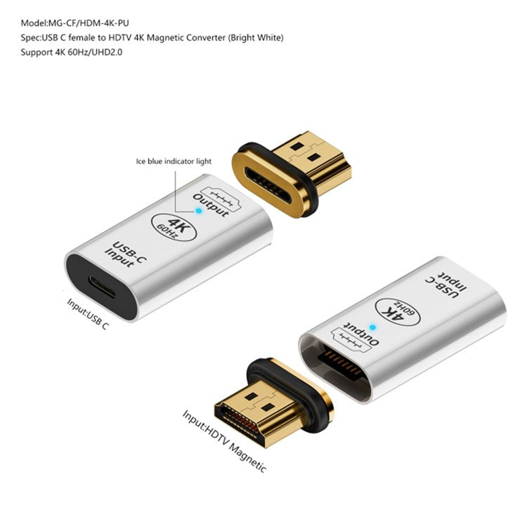 Type-C Female to HDMI 2.0 Male Magnetic Adapter 4K 60HZ HD Video Output Converter - Silver