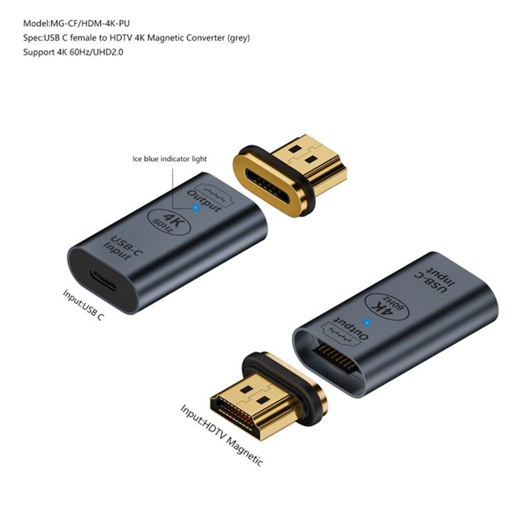 Type-C Female to HDMI 2.0 Male Magnetic Adapter 4K 60HZ HD Video Output Converter - Grey