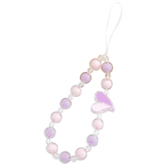 Heart Decor Round Beads Phone Anti-drop Lanyard Hand Chain Cellphone Case Pendant Bracelet - Pink / Purple