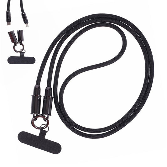 60W Type-C Cable Lanyard Multi-Functional 120cm Charging Cord Neck Cell Phone Strap - Black