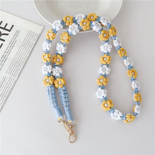 Phone Lanyard Cotton Rope Braided Daisy Flower Crossbody Strap, Length: 120cm - Yellow+White