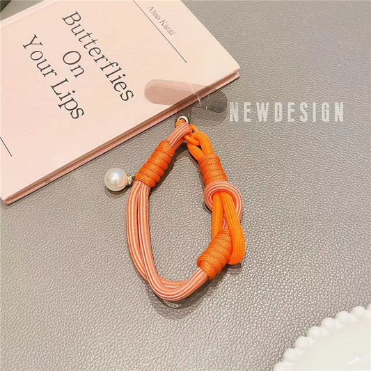 Phone Wrist Lanyard 30cm Nylon Wrist Strap Pearl Phone Charm with Tether Tab - Orange