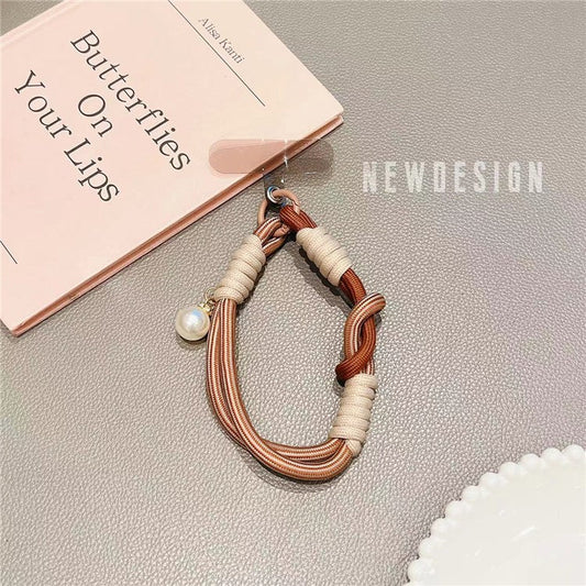 Phone Wrist Lanyard 30cm Nylon Wrist Strap Pearl Phone Charm with Tether Tab - Khaki+Brown