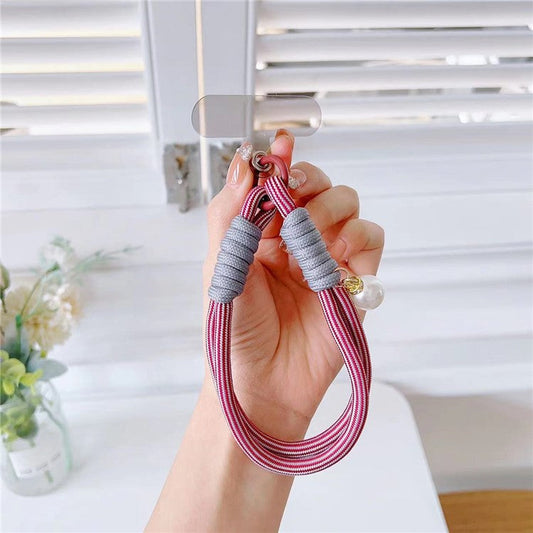 Phone Short Lanyard 30cm Wrist Strap Nylon Pearl Hand Strap with Tether Tab - Wine Red+Grey