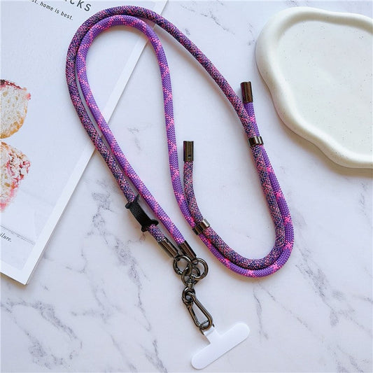 8mm Thick Phone Lanyard Adjustable Nylon Crossbody Strap with Tether Tab, Total Length: 140cm - Dark Purple+Rose