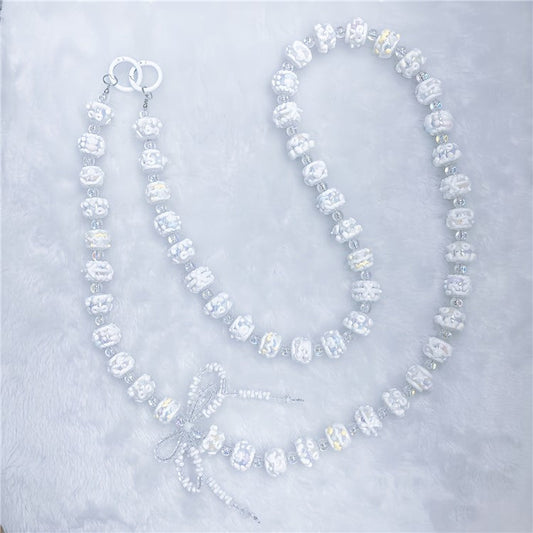 Acrylic Beaded Phone Lanyard Crossbody 120cm Anti-Lost Phone Charm Chains with Tether Tab - White