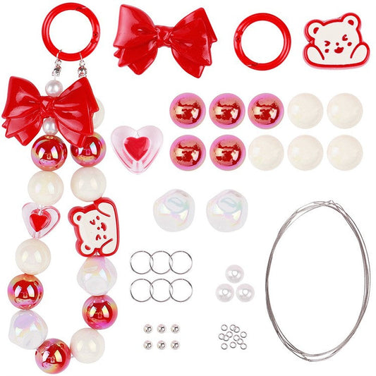 T0814 Phone Chain Making Kit Acrylic Beaded DIY Wrist Strap Set, Total Length: 25cm - Red