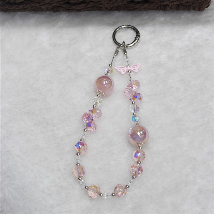 Cell Phone Lanyard 26cm Butterfly Charm Crystal Beads Phone Chain Wrist Strap - Pink