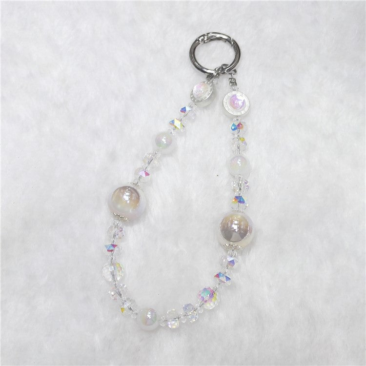 Cell Phone Lanyard 26cm Transparent Beads Wheel Crystal Charm Phone Chain Wrist Strap - White