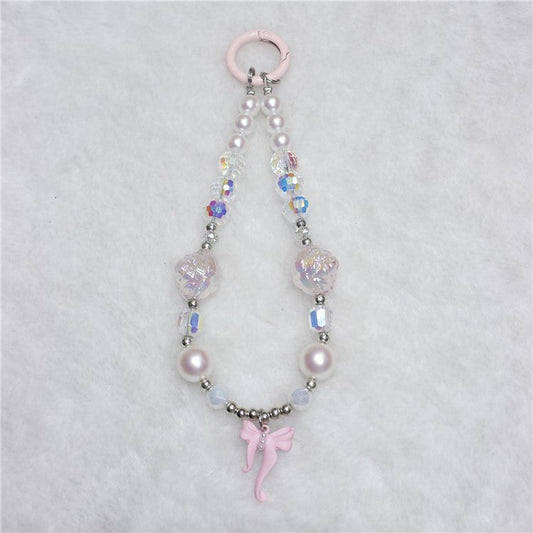 Phone Wrist Strap Short 26cm Flower Bow Accents Beaded Phone Bracelet Strap - Pink