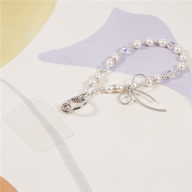 Cell Phone Charm Lanyard 26cm Bowknot Alloy Beads Phone Case Wrist Strap for Women Girls - Beige