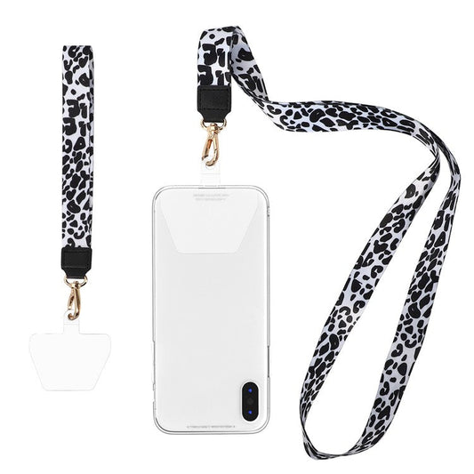 Long Neck Strap + Short Wrist Strap Metal Hook Design Anti-lost Phone Carrying Lanyard with Transparent Patch - Black / White Leopard Print