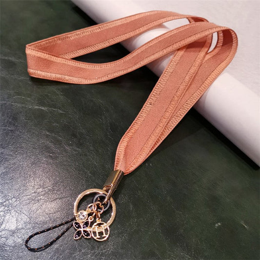 Universal Phone Lanyard Key Ring Cellphone Neck Strap Hanging Rope with Metal Clover Pendant - Orange Pink