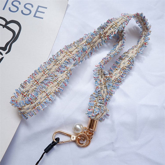 Camellia Series Pearl Ornament Mobile Phone Case Hanging Neck Lanyard Name Tag Neck Strap - Blue