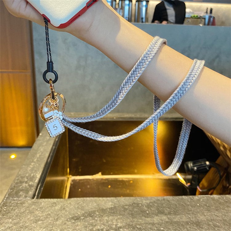 Flower Pearl Pendant Mobile Phone Anti-lost Braided Lanyard Cellphone Case Name Tag Neck Strap - Light Grey