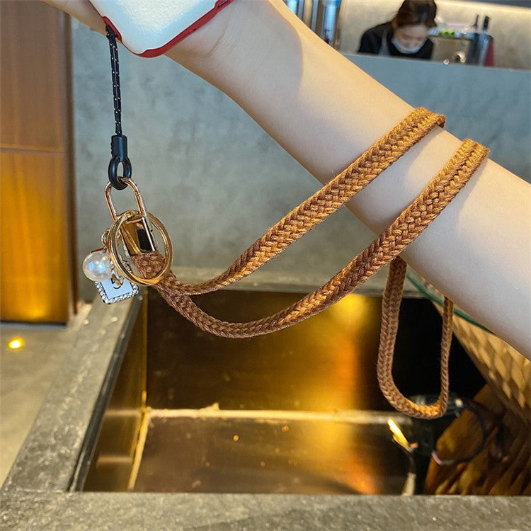 Flower Pearl Pendant Mobile Phone Anti-lost Braided Lanyard Cellphone Case Name Tag Neck Strap - Coffee