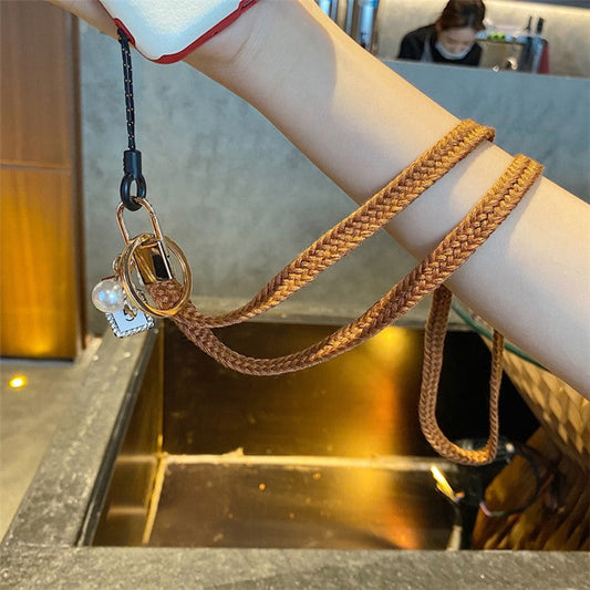 Flower Pearl Pendant Mobile Phone Anti-lost Braided Lanyard Cellphone Case Name Tag Neck Strap - Coffee