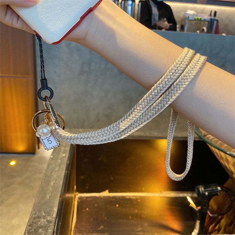 Flower Pearl Pendant Mobile Phone Anti-lost Braided Lanyard Cellphone Case Name Tag Neck Strap - Khaki