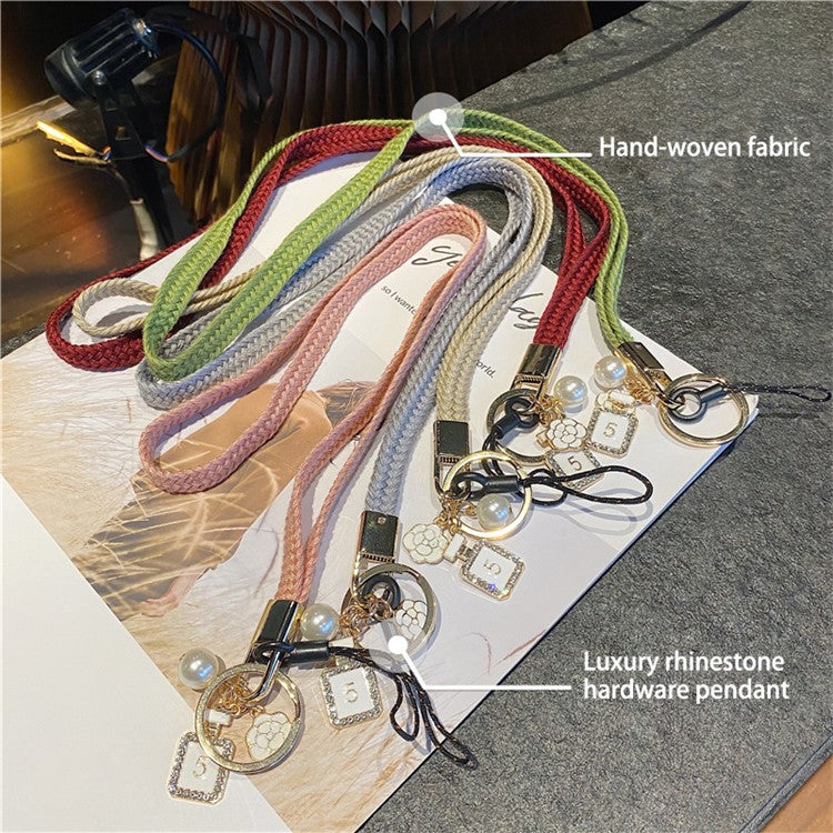 Flower Pearl Pendant Mobile Phone Anti-lost Braided Lanyard Cellphone Case Name Tag Neck Strap - Khaki