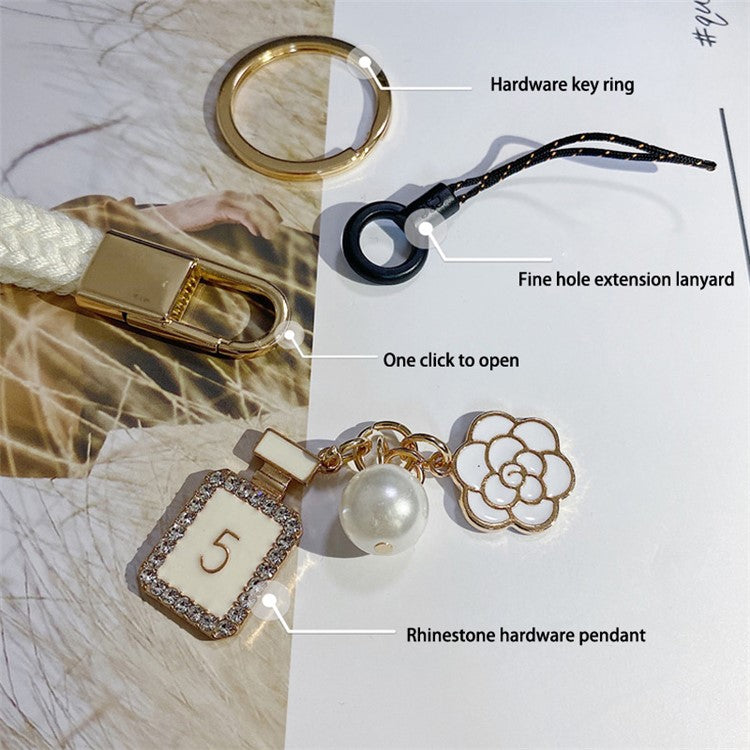 Flower Pearl Pendant Mobile Phone Anti-lost Braided Lanyard Cellphone Case Name Tag Neck Strap - Khaki
