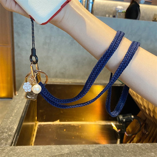 Flower Pearl Pendant Mobile Phone Anti-lost Braided Lanyard Cellphone Case Name Tag Neck Strap - Sapphire