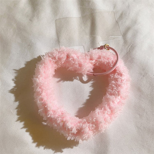 A10 Style Warm Plush Phone Hand Strap Heart Wristlet Bracelet Charm with Tether Tab - Pink