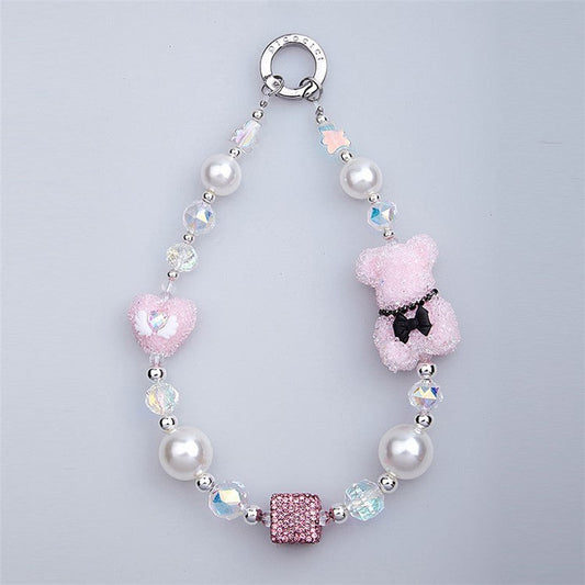 PICOCICI Cute Bear Heart Decor Beaded Bracelet Phone Hand Chain Anti-drop Lanyard - Style E