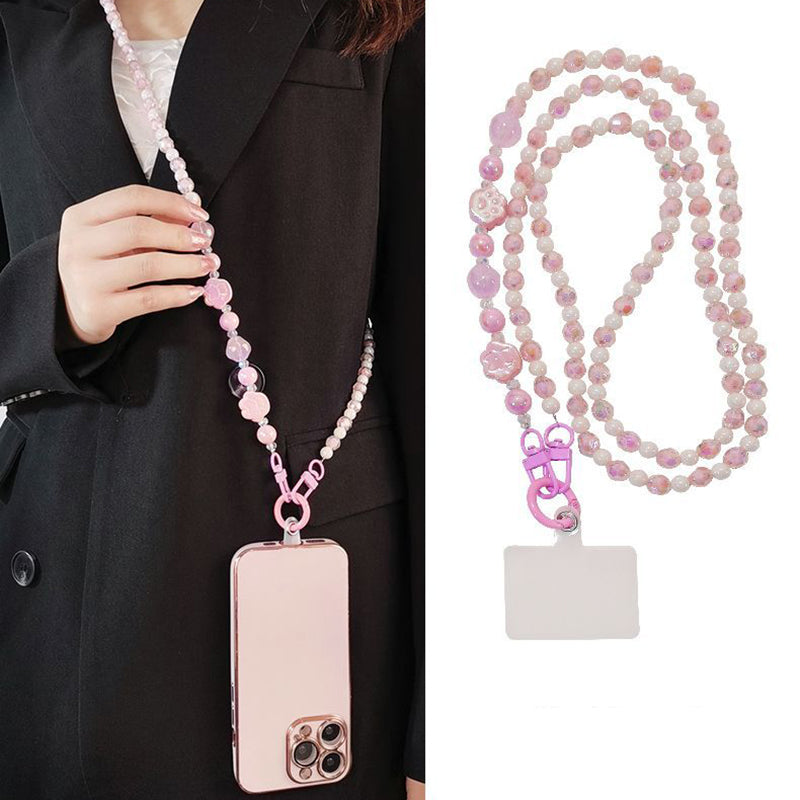 110cm Phone Lanyard for iPhone 16 / 16 Ultra / 16 Pro / 16 Pro Max Beaded Shoulder Neck Strap with Patch - Pink