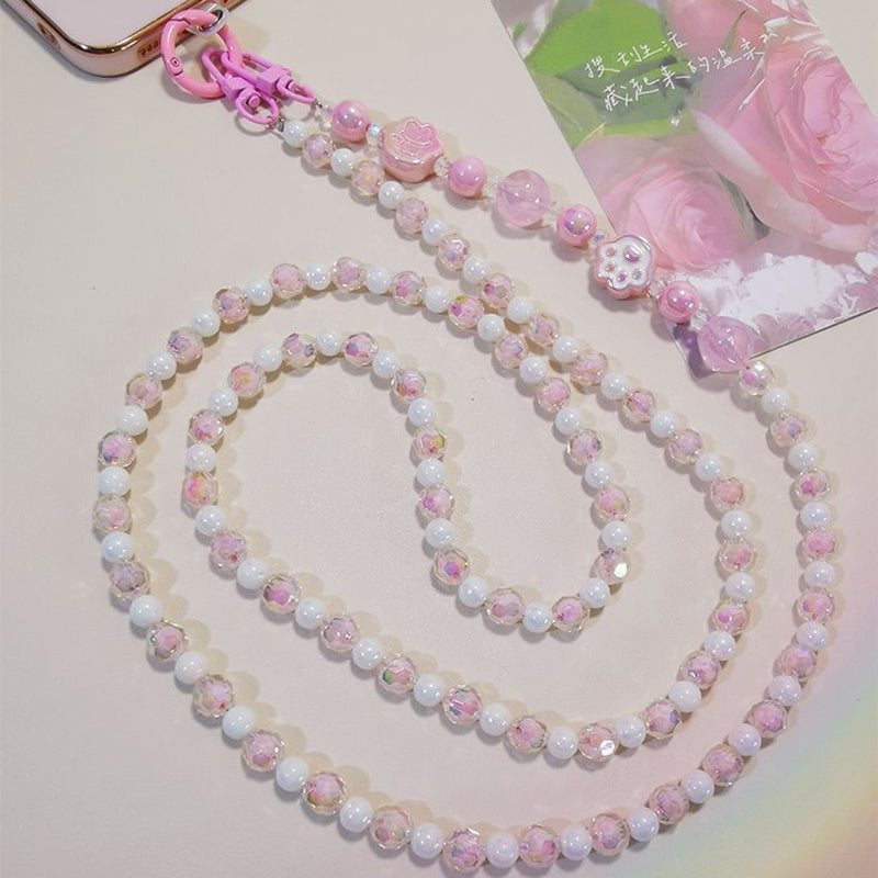 110cm Phone Lanyard for iPhone 16 / 16 Ultra / 16 Pro / 16 Pro Max Beaded Shoulder Neck Strap with Patch - White