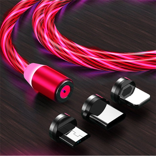Micro USB/Type-C/Lightning 3-in-1 360 Degree Magnetic Adsorption Colorful Streamer Charging Cable Mobile Phone Charger Cord, 1m - Red