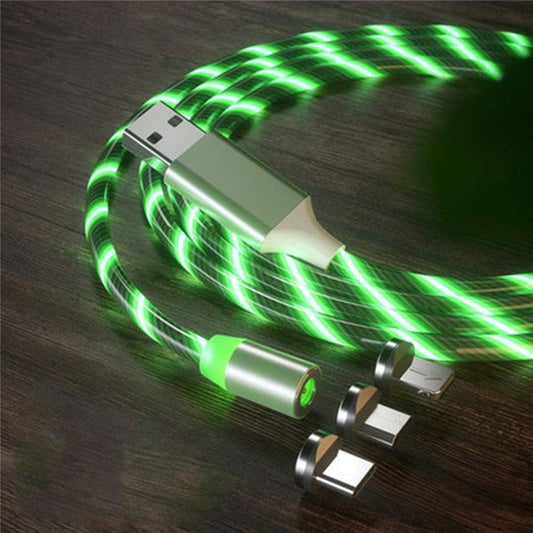 Micro USB/Type-C/Lightning 3-in-1 360 Degree Magnetic Adsorption Colorful Streamer Charging Cable Mobile Phone Charger Cord, 1m - Green