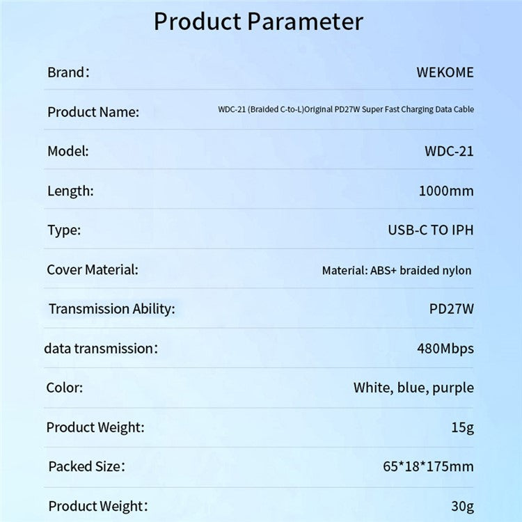 WEKOME WDC-21 1m PD 27W Fast Charging Data Cable USB-C to Lightning Nylon Braided Cord - White