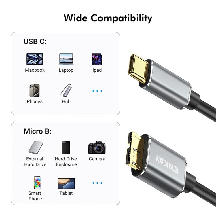 ENKAY HAT PRINCE 0.5m USB 3.1 Type-C to USB 3.0 Micro B Cable for Camera Hard Drive Charging Data Cable