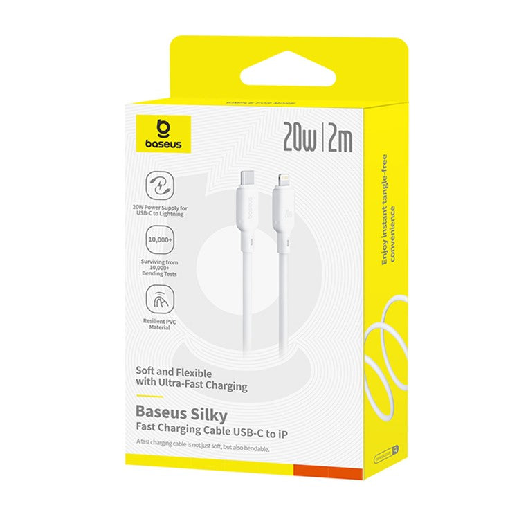 BASEUS Silky USB-C to iP Data Cord Flexible PVC PD 20W Fast Charging Cable, Length: 2m - White