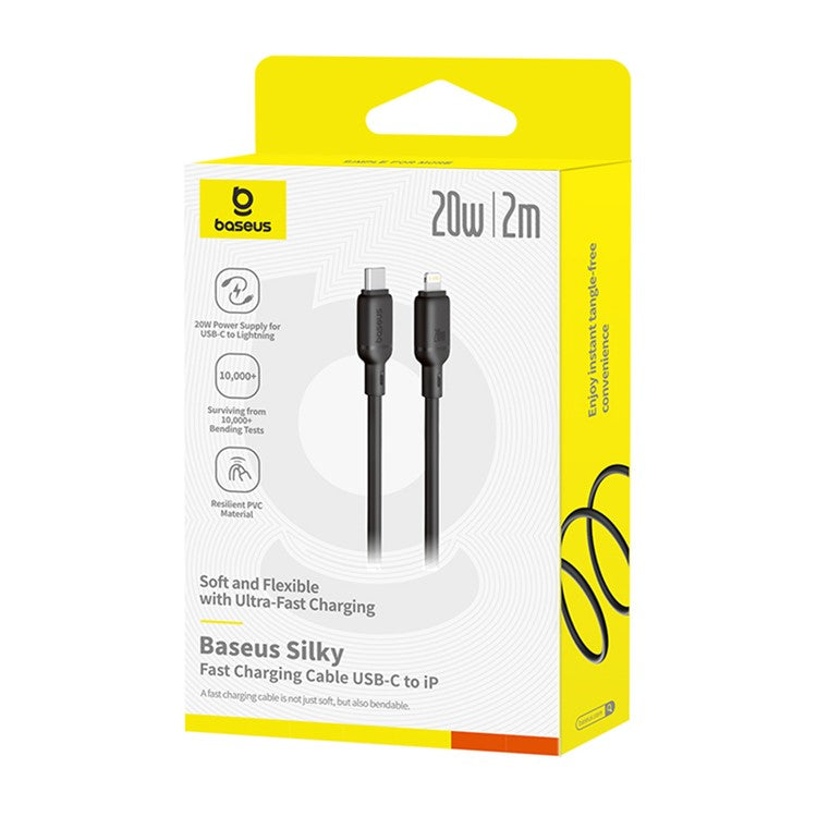 BASEUS Silky USB-C to iP Data Cord Flexible PVC PD 20W Fast Charging Cable, Length: 2m - Black