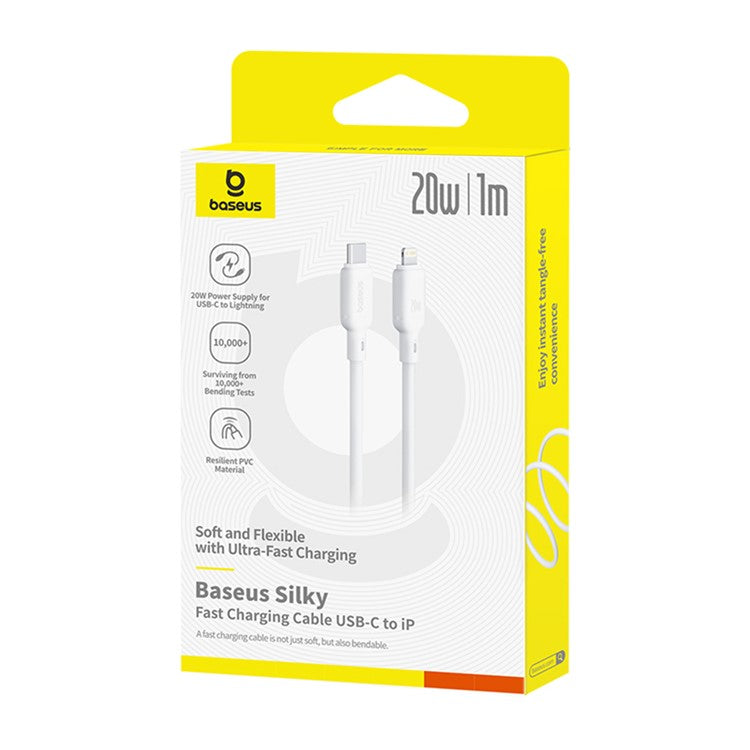 BASEUS Silky USB-C to iP Data Cord Flexible PVC PD 20W Fast Charging Cable, Length: 1m - White