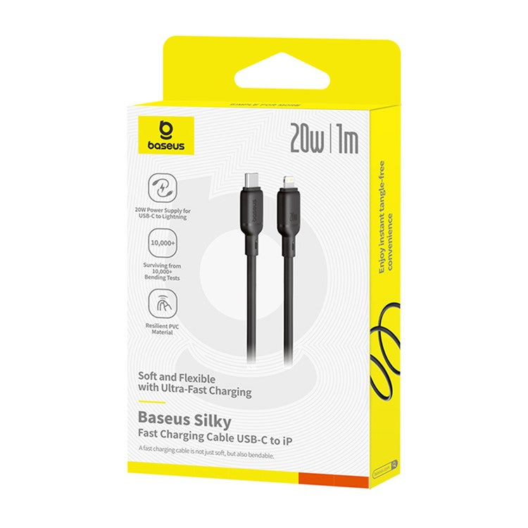 BASEUS Silky USB-C to iP Data Cord Flexible PVC PD 20W Fast Charging Cable, Length: 1m - Black