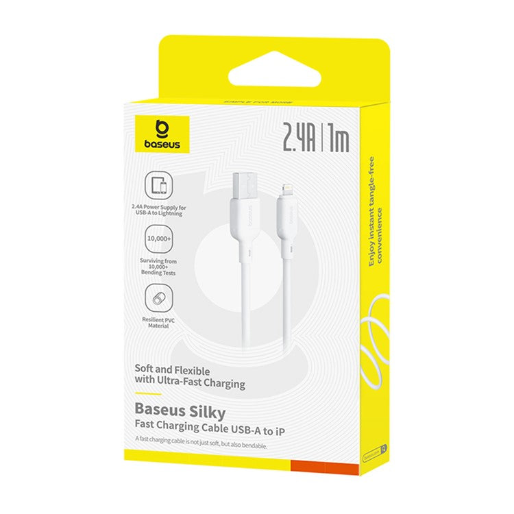 BASEUS Silky Fast Charging Cable USB to iP Flexible PVC 2.4A Data Cord, Length: 1m - White
