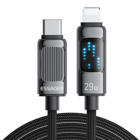 ESSAGER Dazzling Light Display 1m Type-C to 8-pin Data Cable PD 29W Braided Fast Charging Cord